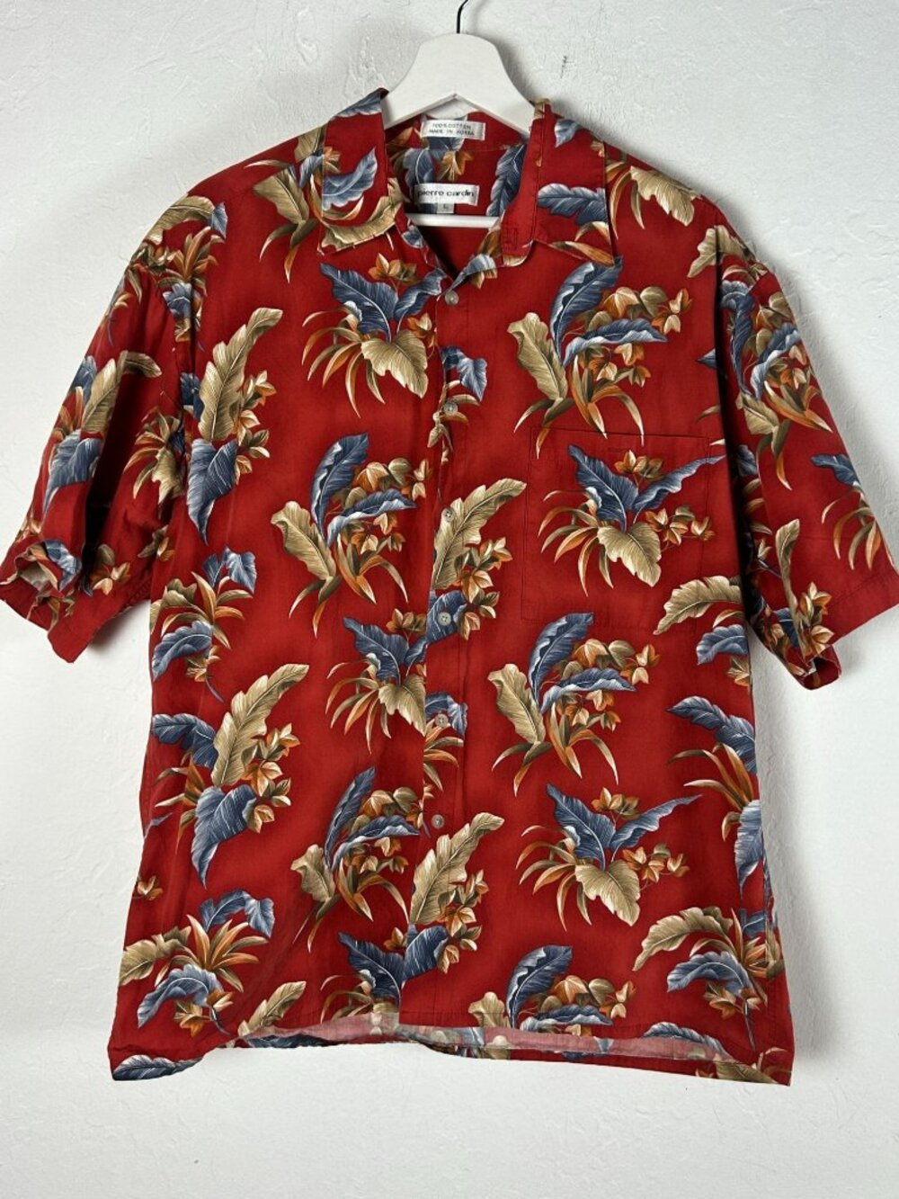Pierre Cardin Mens Large Red Cotton Tropical Palm Leaf Casual Aloha Camp Shirt